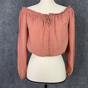 Aeropostale Crop Top Women S Off Shoulder Swiss Dot Long Sleeve Rayon Orange